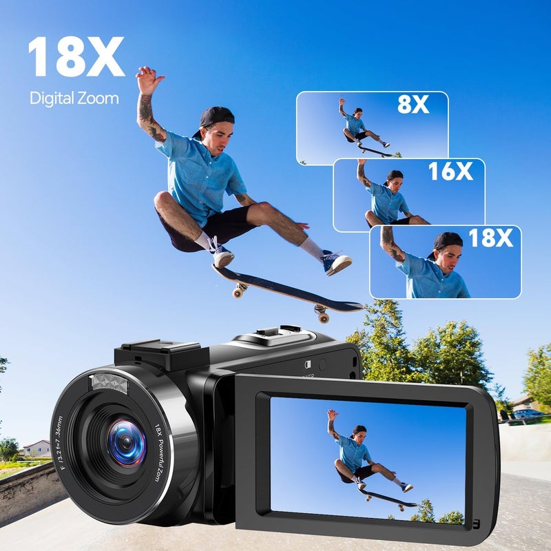 FIREFOTO Camcorder Video Camera, Digital Camera 42MP 4K Camera for Vlogging with 18X Digital Zoom 3” 270° Rotation Screen Cam Corder for YouTube with 2 Batteries, 32GB SD Card, Remote Control - Image 3